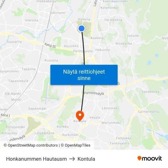 Honkanummen Hautausm to Kontula map