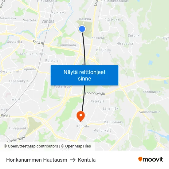 Honkanummen Hautausm to Kontula map