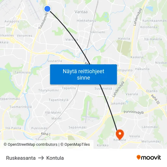 Ruskeasanta to Kontula map