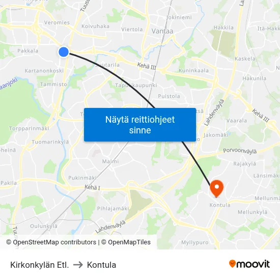 Kirkonkylän Etl. to Kontula map