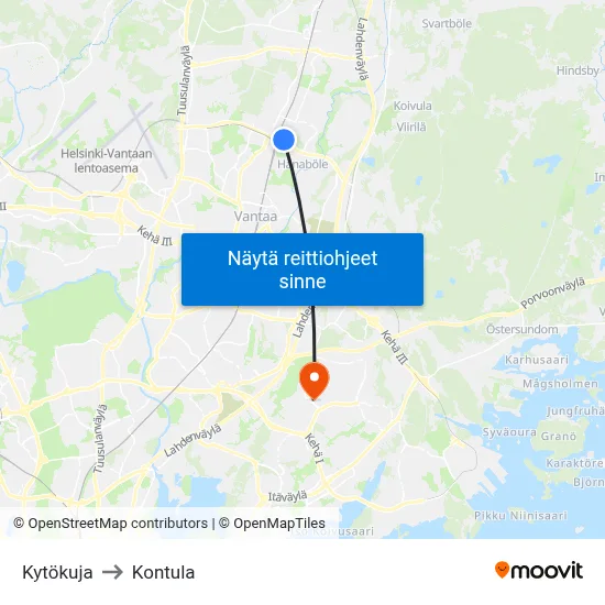 Kytökuja to Kontula map
