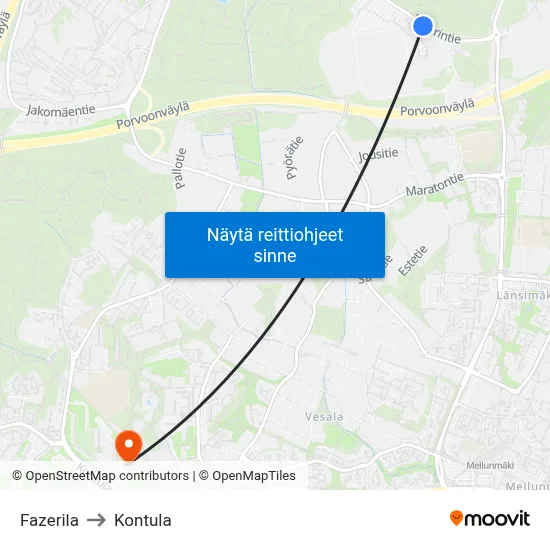 Fazerila to Kontula map