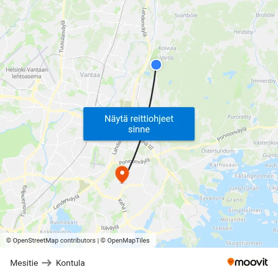 Mesitie to Kontula map