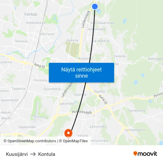 Kuusijärvi to Kontula map