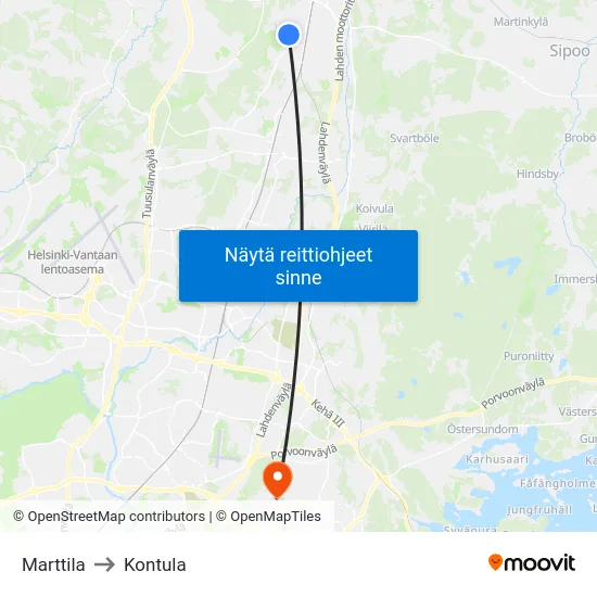 Marttila to Kontula map