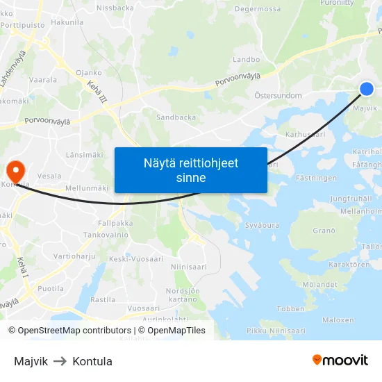 Majvik to Kontula map