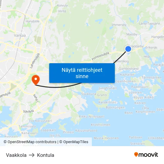 Vaakkola to Kontula map