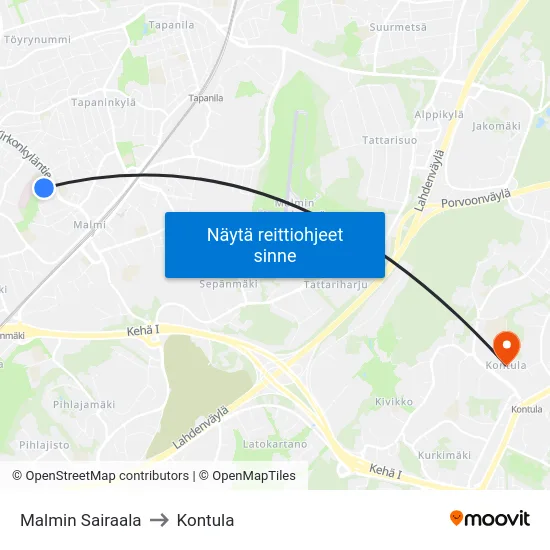 Malmin Sairaala to Kontula map