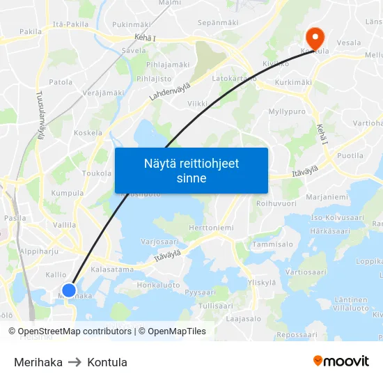 Merihaka to Kontula map