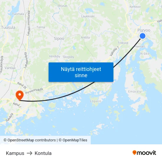Kampus to Kontula map