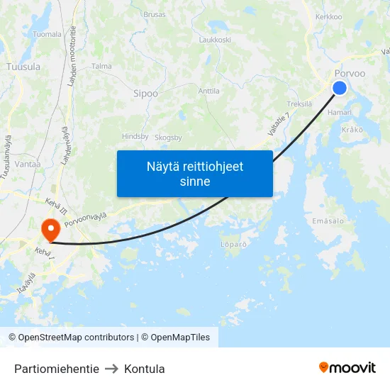 Partiomiehentie to Kontula map