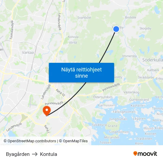 Byagården to Kontula map