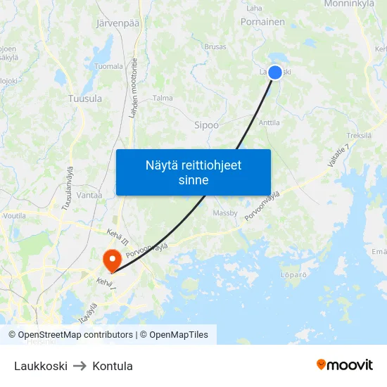 Laukkoski to Kontula map