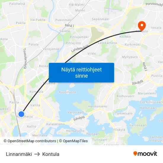 Linnanmäki to Kontula map