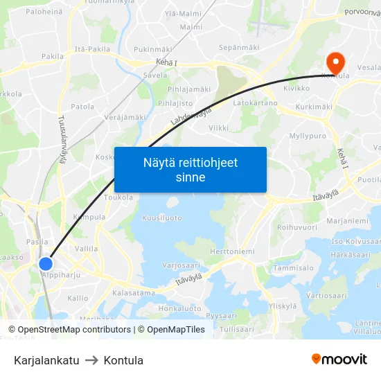 Karjalankatu to Kontula map