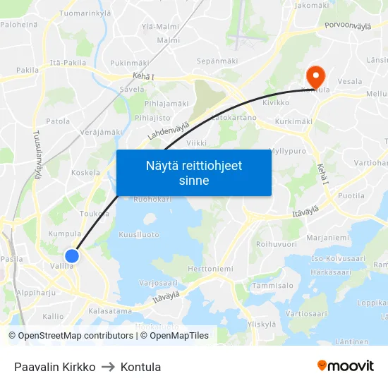 Paavalin Kirkko to Kontula map