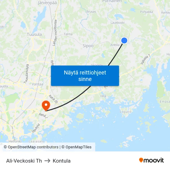 Ali-Veckoski Th to Kontula map