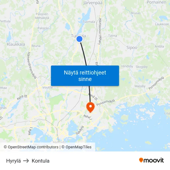 Hyrylä to Kontula map