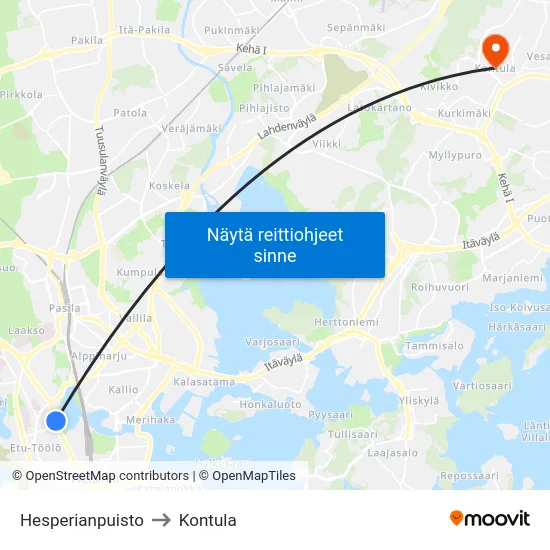 Hesperianpuisto to Kontula map