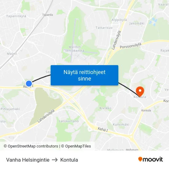 Vanha Helsingintie to Kontula map