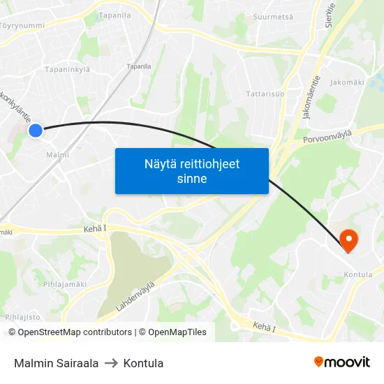 Malmin Sairaala to Kontula map