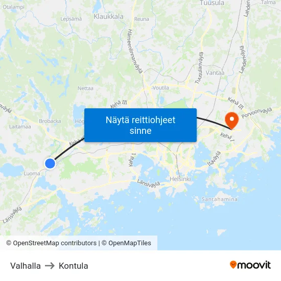 Valhalla to Kontula map
