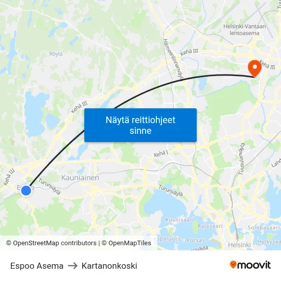 Espoo Asema to Kartanonkoski map