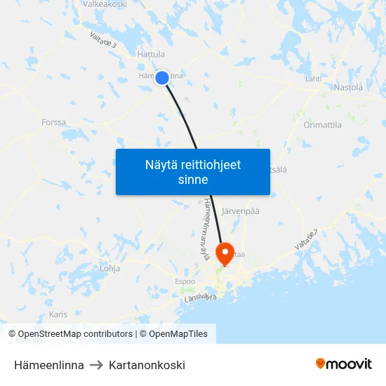 Hämeenlinna to Kartanonkoski map