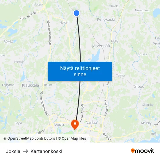 Jokela to Kartanonkoski map