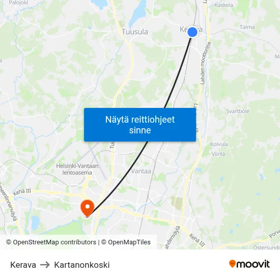 Kerava to Kartanonkoski map
