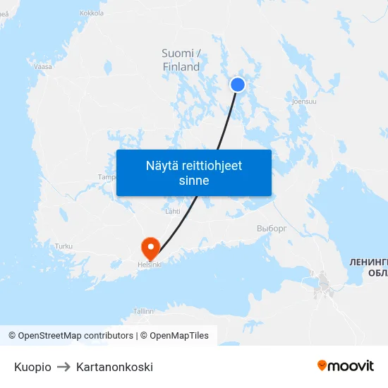 Kuopio to Kartanonkoski map