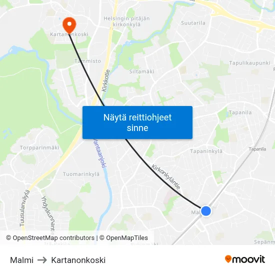 Malmi to Kartanonkoski map