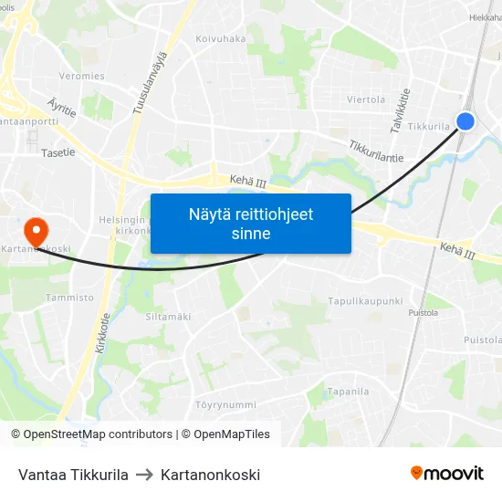 Vantaa Tikkurila to Kartanonkoski map