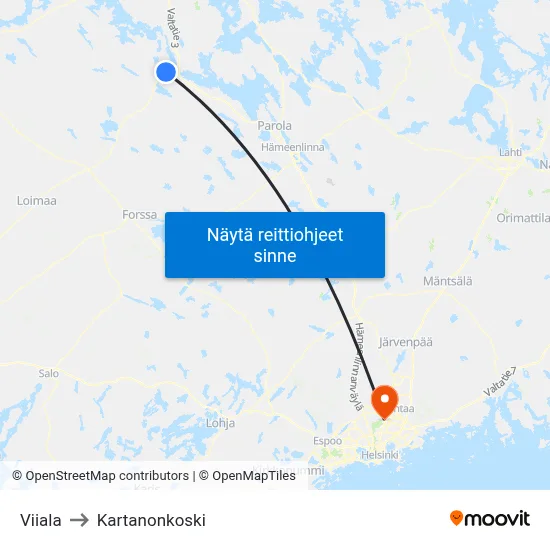Viiala to Kartanonkoski map