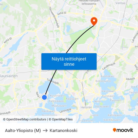 Aalto-Yliopisto (M) to Kartanonkoski map