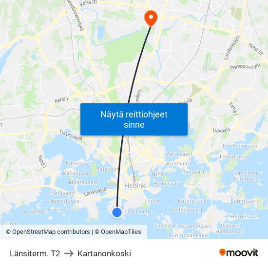 Länsiterm. T2 to Kartanonkoski map