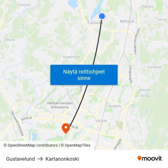 Gustavelund to Kartanonkoski map