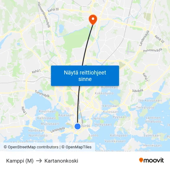 Kamppi (M) to Kartanonkoski map