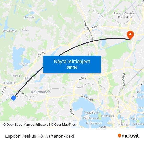 Espoon Keskus to Kartanonkoski map
