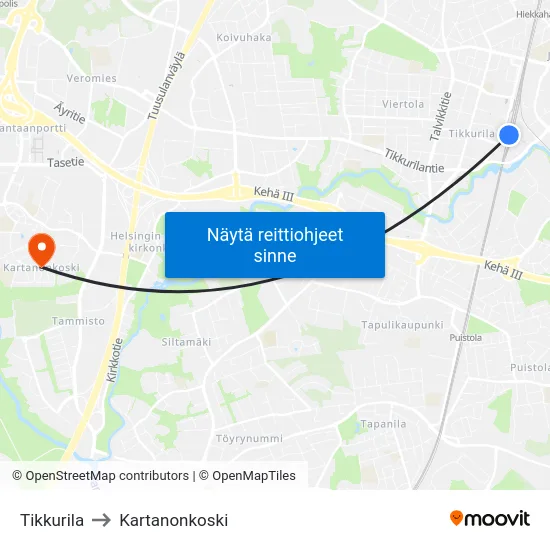 Tikkurila to Kartanonkoski map