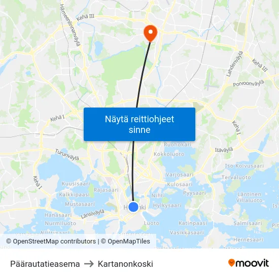 Päärautatieasema to Kartanonkoski map