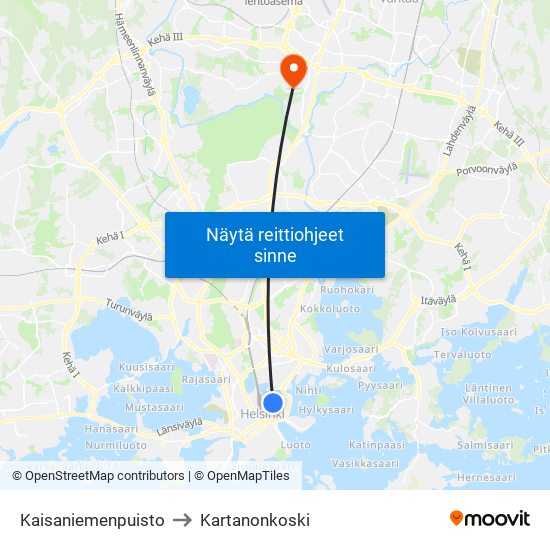 Kaisaniemenpuisto to Kartanonkoski map