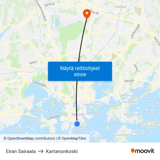 Eiran Sairaala to Kartanonkoski map