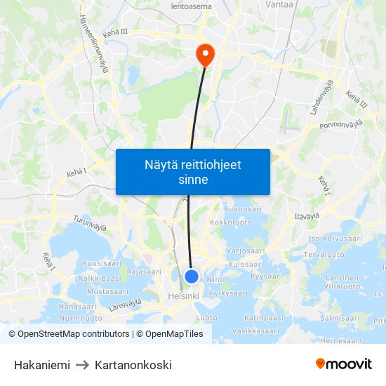 Hakaniemi to Kartanonkoski map