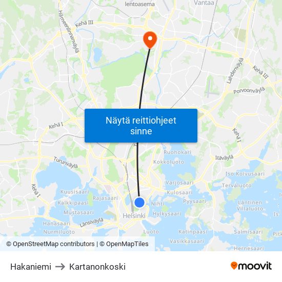 Hakaniemi to Kartanonkoski map