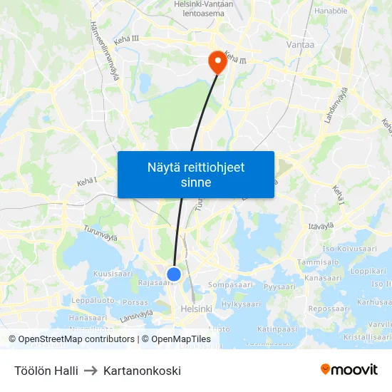 Töölön Halli to Kartanonkoski map