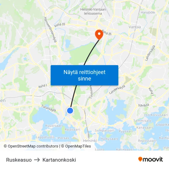 Ruskeasuo to Kartanonkoski map