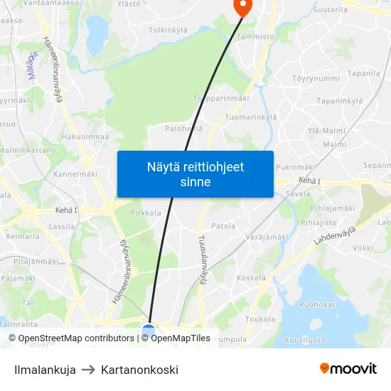 Ilmalankuja to Kartanonkoski map