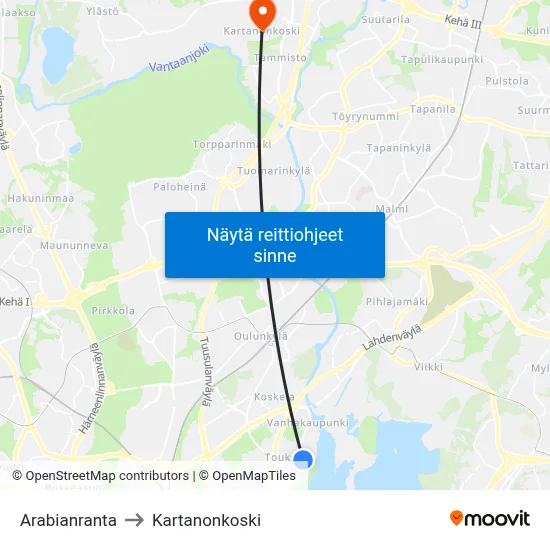 Arabianranta to Kartanonkoski map