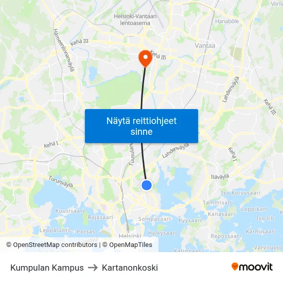 Kumpulan Kampus to Kartanonkoski map